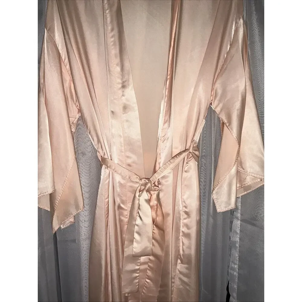 VTG Blush Pink Satin Elegant Long Lounge Robe With Kimono Sleeve Detail Large